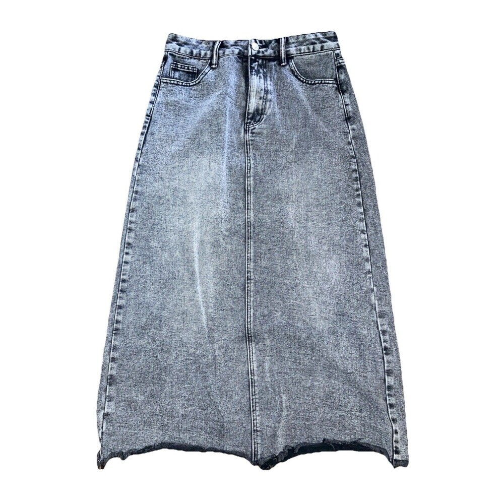 Women's M Gray A-line High Waist Denim Skirt Raw Edge Hem Pockets Back Split
